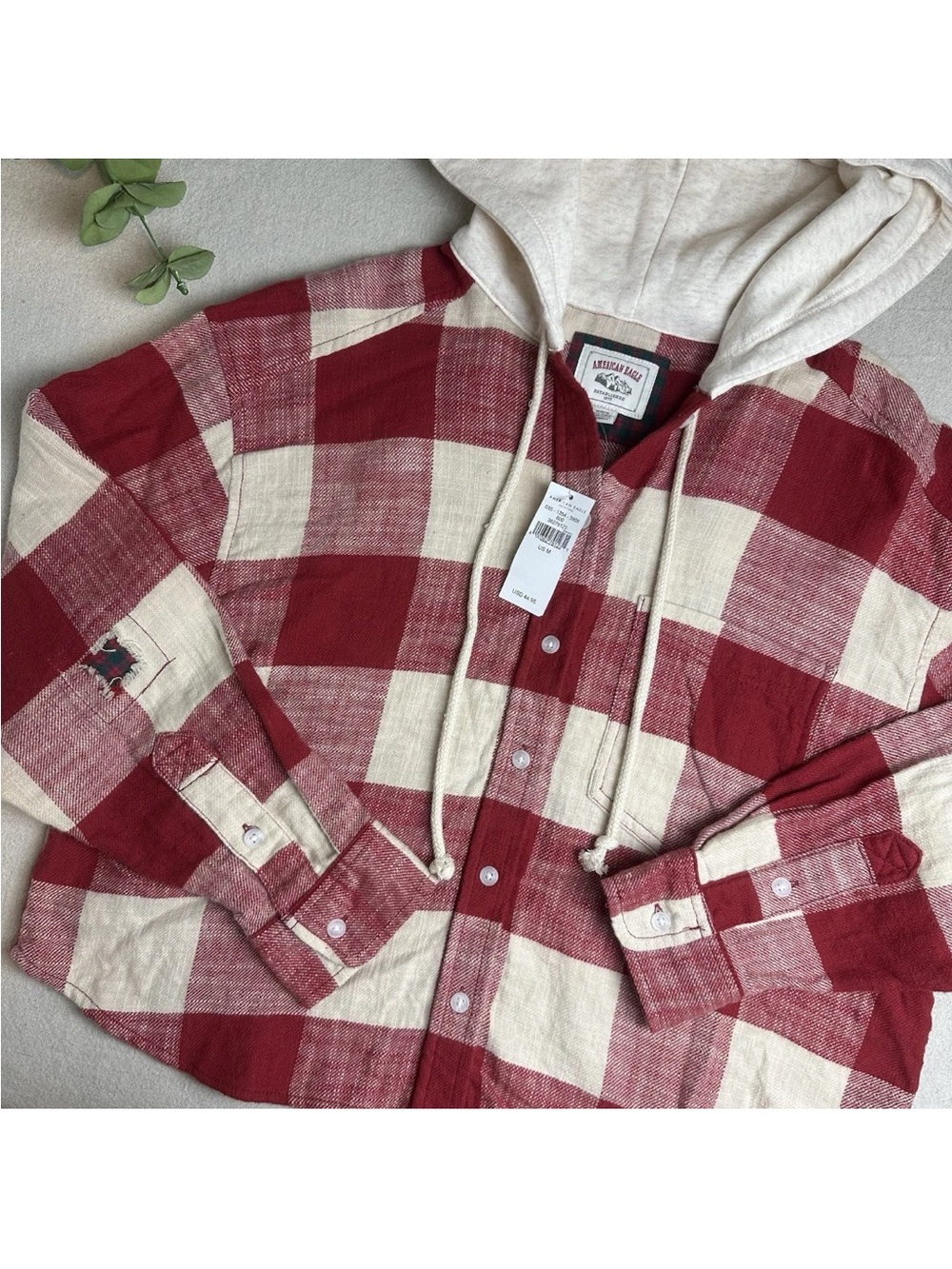 American Eagle Hooded Flannel Shirt Red Plaid Distressed NWT